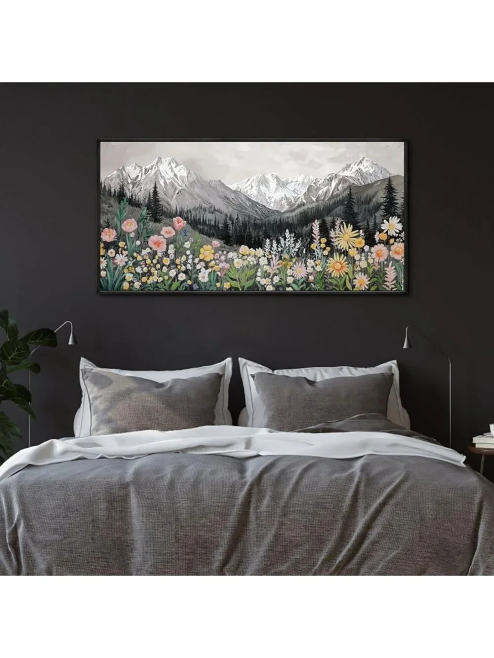 40x20 Black & White Landscape Poster Frame - Snow-Capped Mountains & Daisies